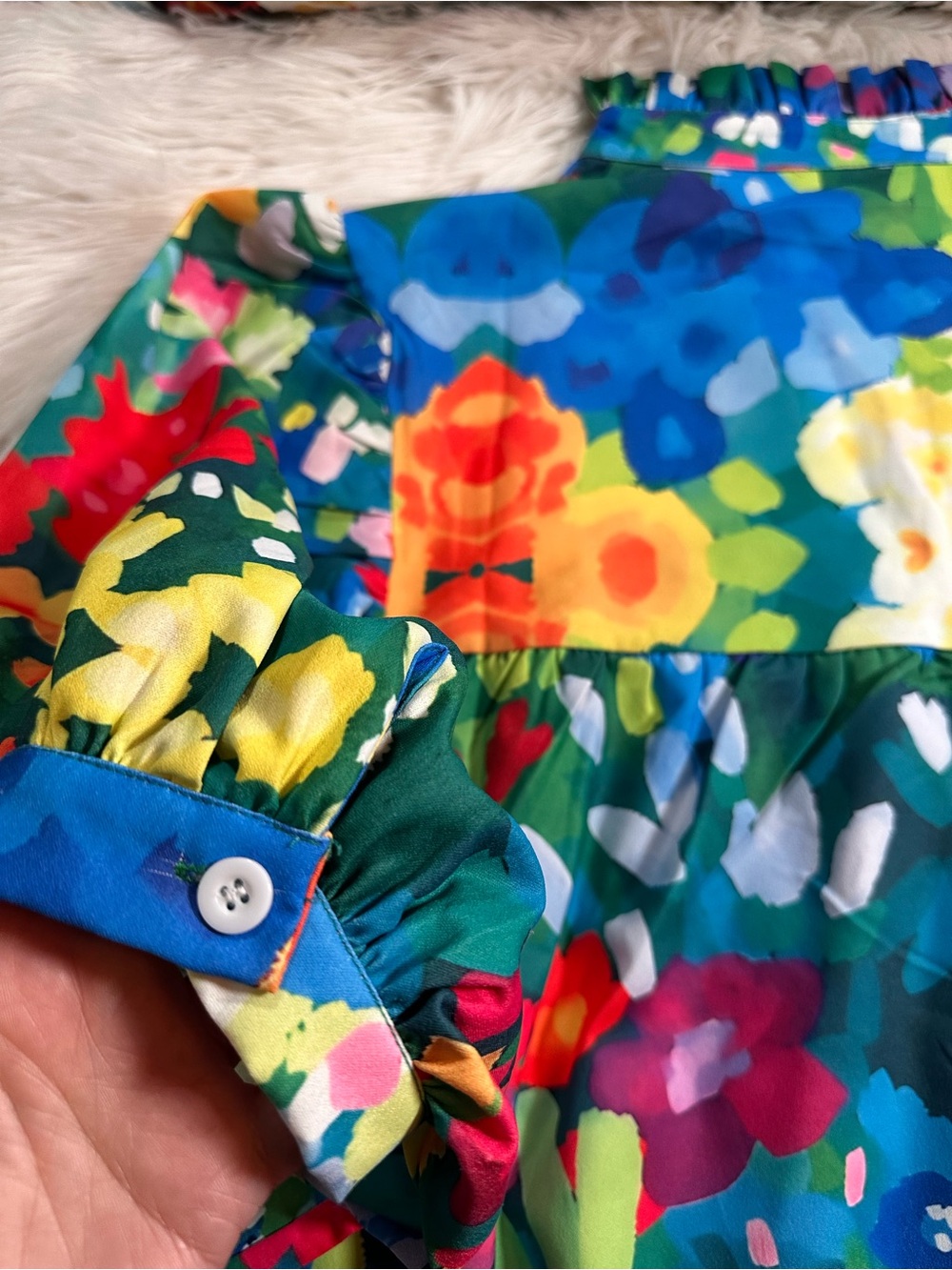Floral Puff Sleeve Mandarin Collar Ruffle Blouse - Picture 6 of 12